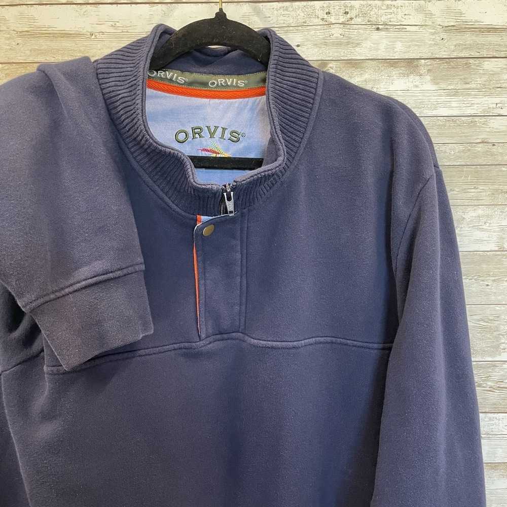 Orvis Mens XXL Sweatshirt Blue Fleece Quarter Zip Mock Neck Pullover Outdoors